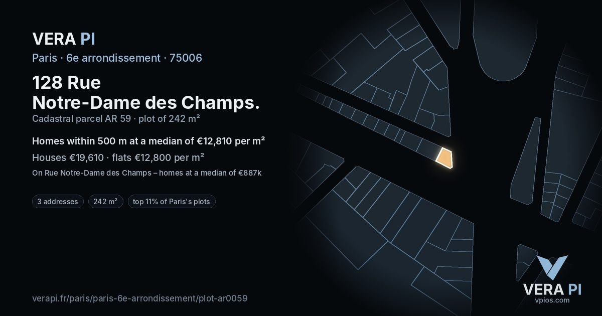 128 Rue Notre-Dame des Champs, 6e arrondissement at night – the plot lit, the parcels around coloured by the prices near them