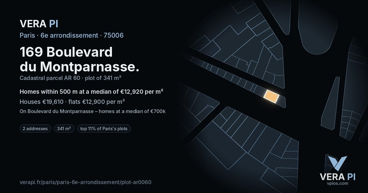 169 Boulevard du Montparnasse, 6e arrondissement at night – the plot lit, the parcels around coloured by the prices near them