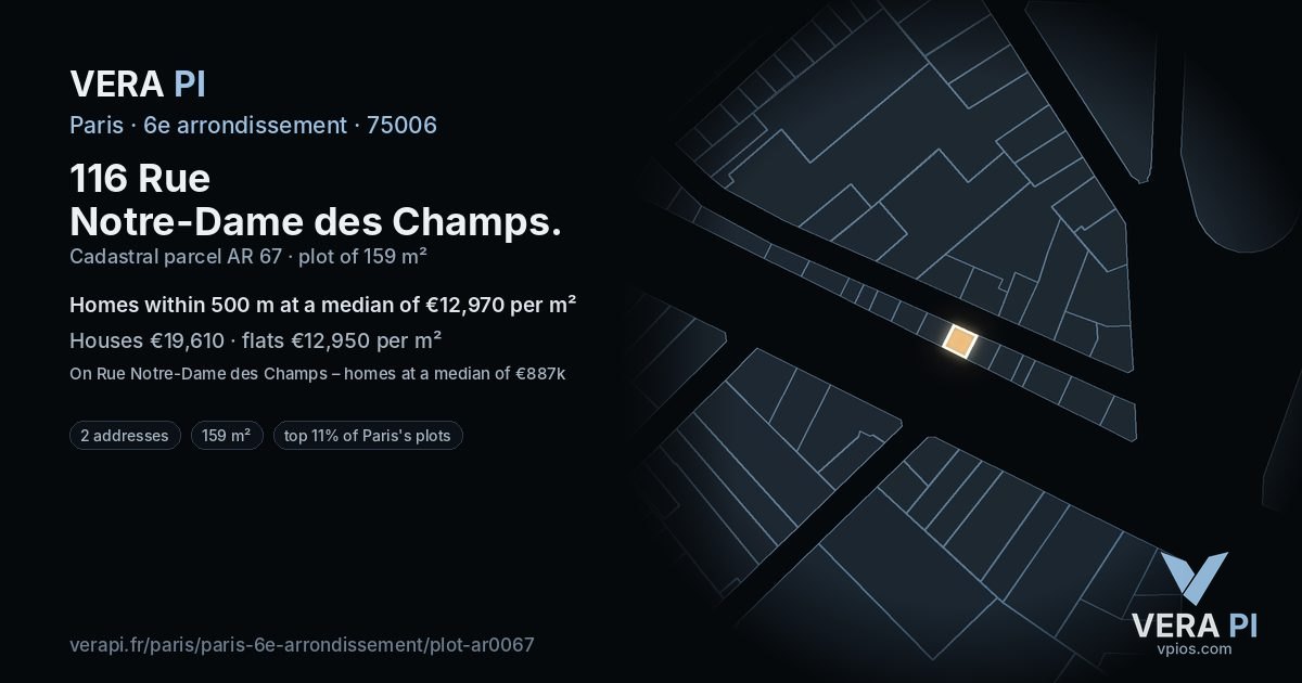 116 Rue Notre-Dame des Champs, 6e arrondissement at night – the plot lit, the parcels around coloured by the prices near them