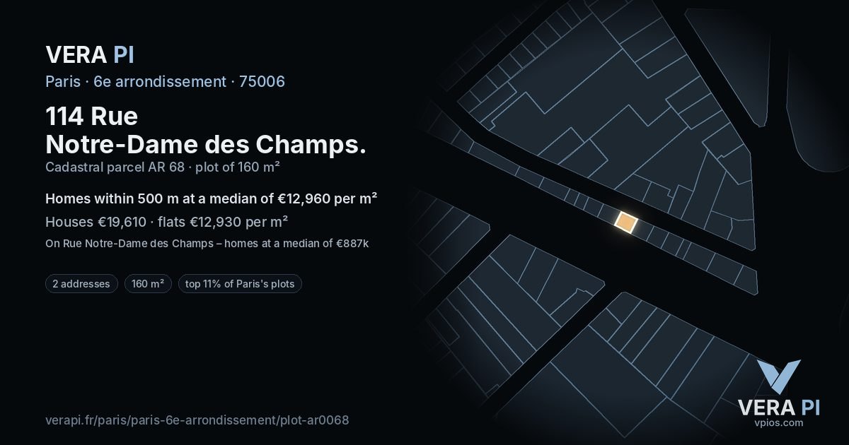 114 Rue Notre-Dame des Champs, 6e arrondissement at night – the plot lit, the parcels around coloured by the prices near them