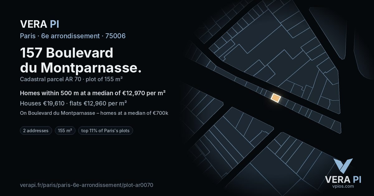 157 Boulevard du Montparnasse, 6e arrondissement at night – the plot lit, the parcels around coloured by the prices near them