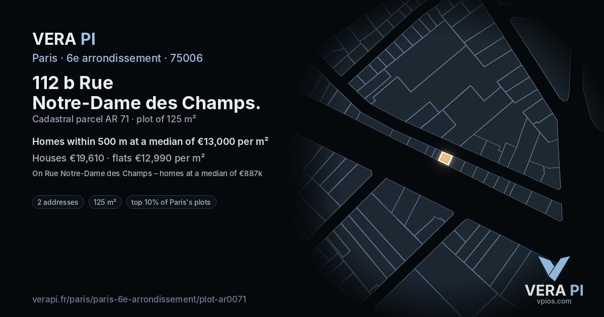 112 b Rue Notre-Dame des Champs, 6e arrondissement at night – the plot lit, the parcels around coloured by the prices near them
