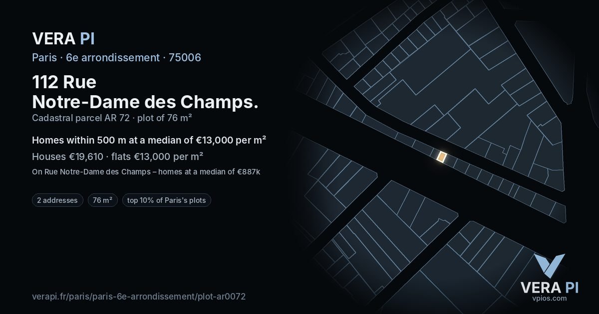 112 Rue Notre-Dame des Champs, 6e arrondissement at night – the plot lit, the parcels around coloured by the prices near them