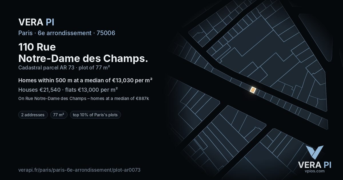 110 Rue Notre-Dame des Champs, 6e arrondissement at night – the plot lit, the parcels around coloured by the prices near them