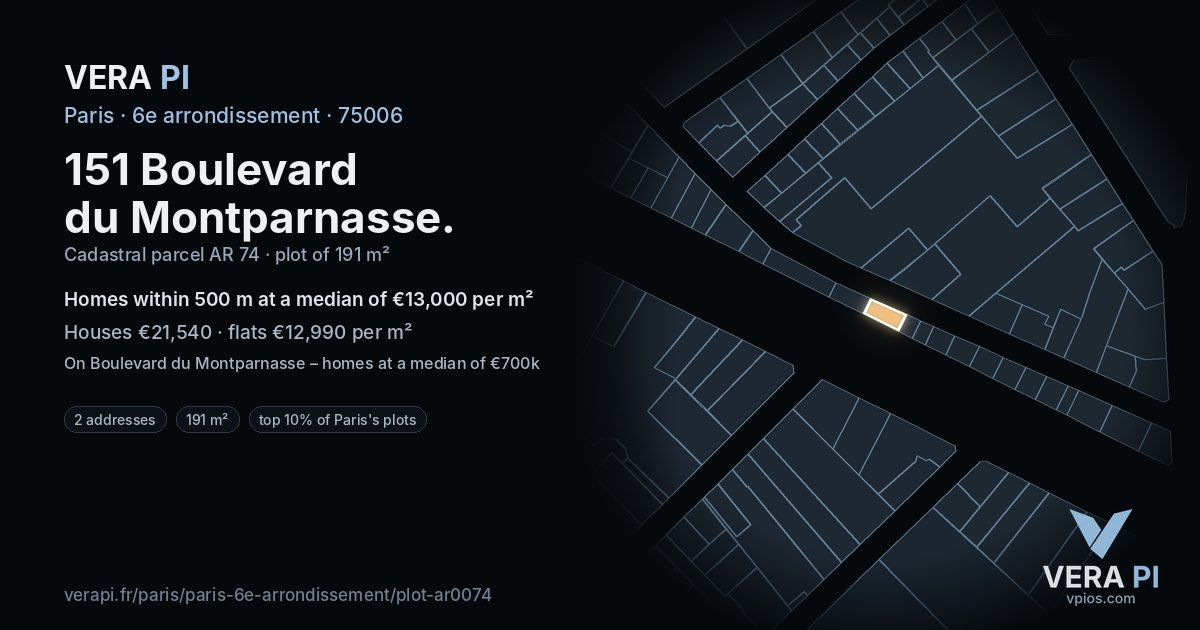 151 Boulevard du Montparnasse, 6e arrondissement at night – the plot lit, the parcels around coloured by the prices near them