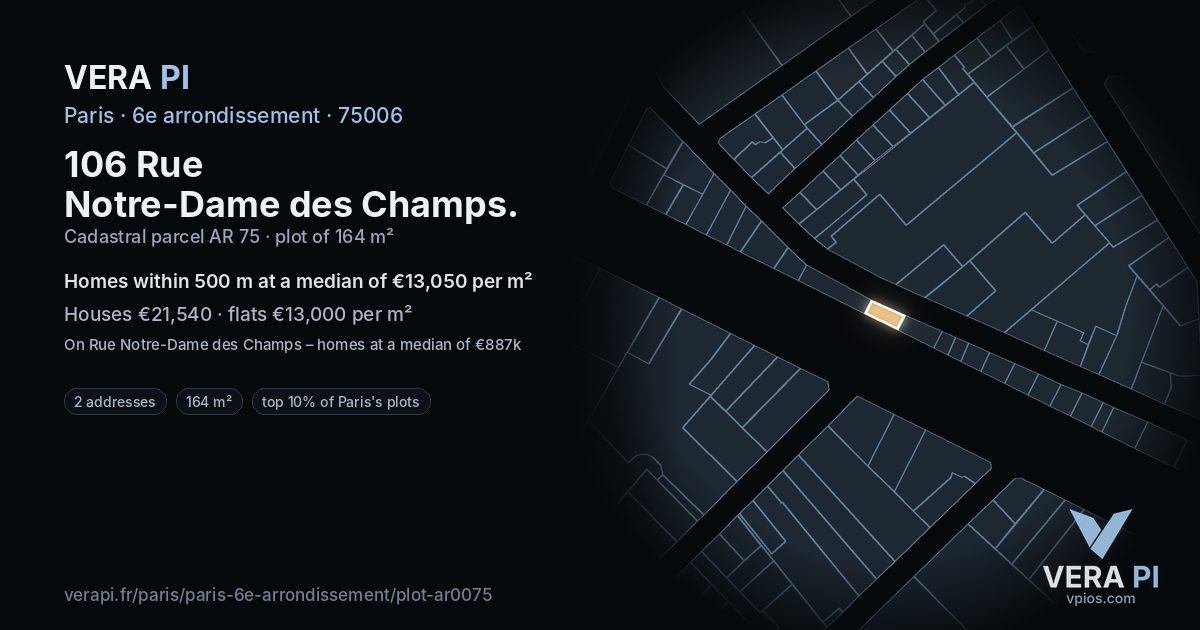 106 Rue Notre-Dame des Champs, 6e arrondissement at night – the plot lit, the parcels around coloured by the prices near them