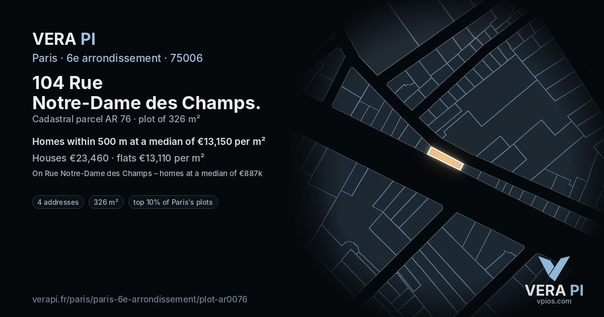 104 Rue Notre-Dame des Champs, 6e arrondissement at night – the plot lit, the parcels around coloured by the prices near them
