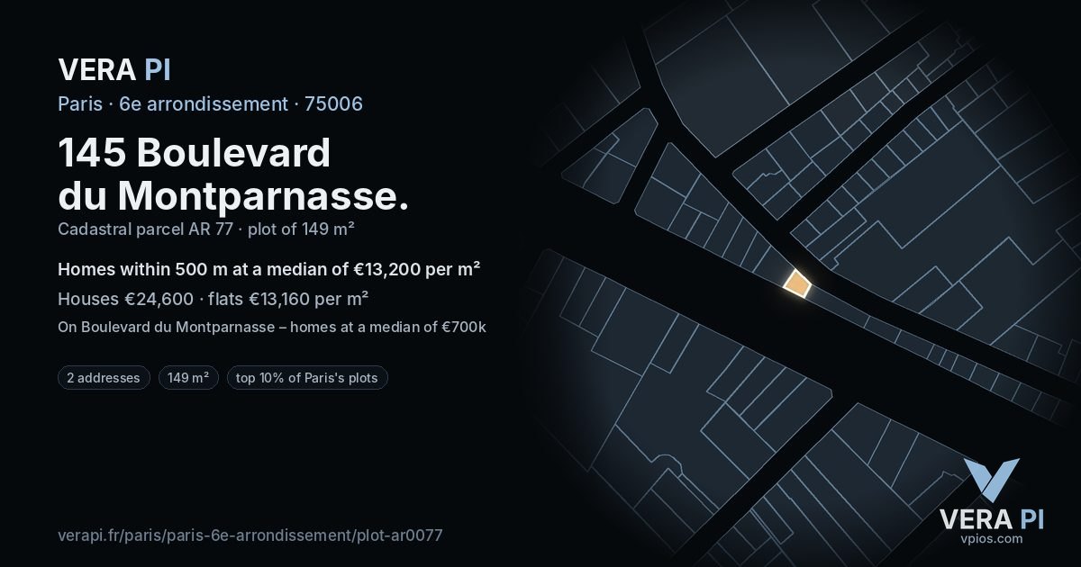 145 Boulevard du Montparnasse, 6e arrondissement at night – the plot lit, the parcels around coloured by the prices near them