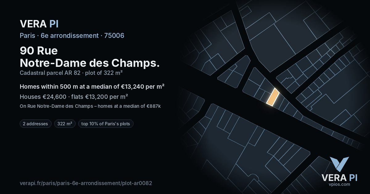 90 Rue Notre-Dame des Champs, 6e arrondissement at night – the plot lit, the parcels around coloured by the prices near them
