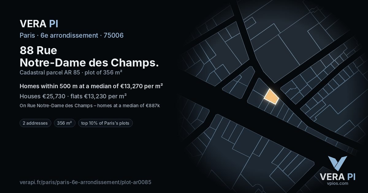 88 Rue Notre-Dame des Champs, 6e arrondissement at night – the plot lit, the parcels around coloured by the prices near them