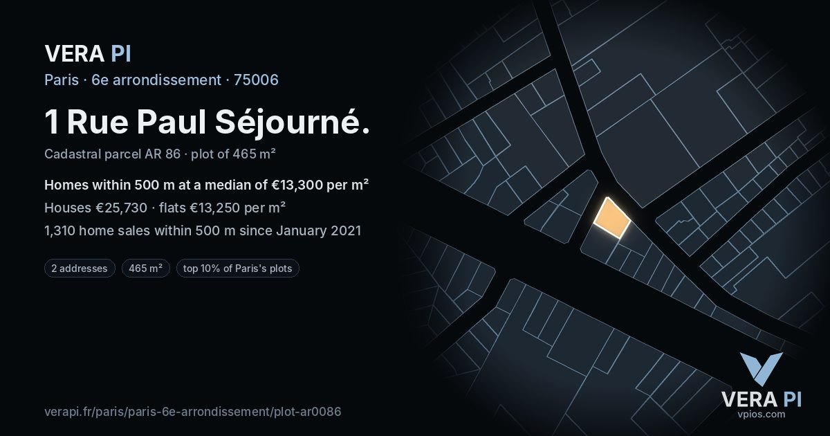 1 Rue Paul Séjourné, 6e arrondissement at night – the plot lit, the parcels around coloured by the prices near them