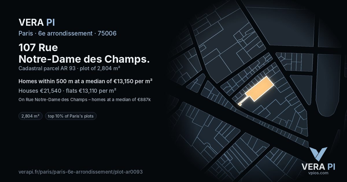 107 Rue Notre-Dame des Champs, 6e arrondissement at night – the plot lit, the parcels around coloured by the prices near them