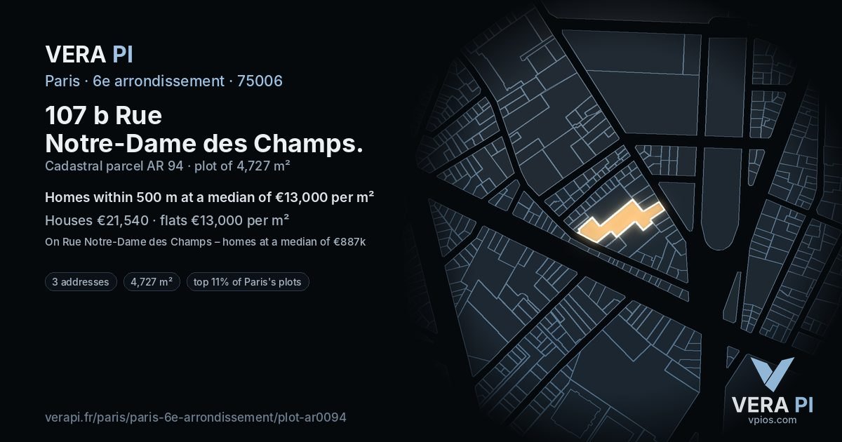 107 b Rue Notre-Dame des Champs, 6e arrondissement at night – the plot lit, the parcels around coloured by the prices near them