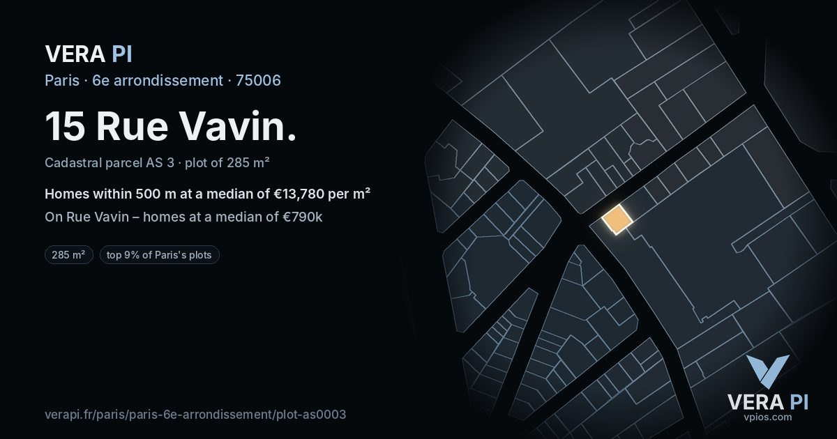 15 Rue Vavin, 6e arrondissement at night – the plot lit, the parcels around coloured by the prices near them