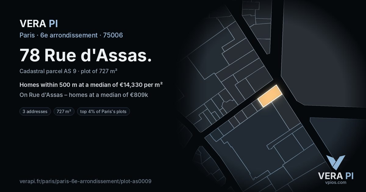 78 Rue d'Assas, 6e arrondissement at night – the plot lit, the parcels around coloured by the prices near them