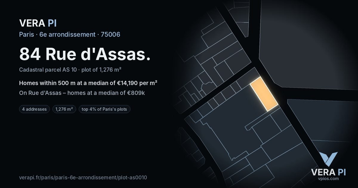 84 Rue d'Assas, 6e arrondissement at night – the plot lit, the parcels around coloured by the prices near them