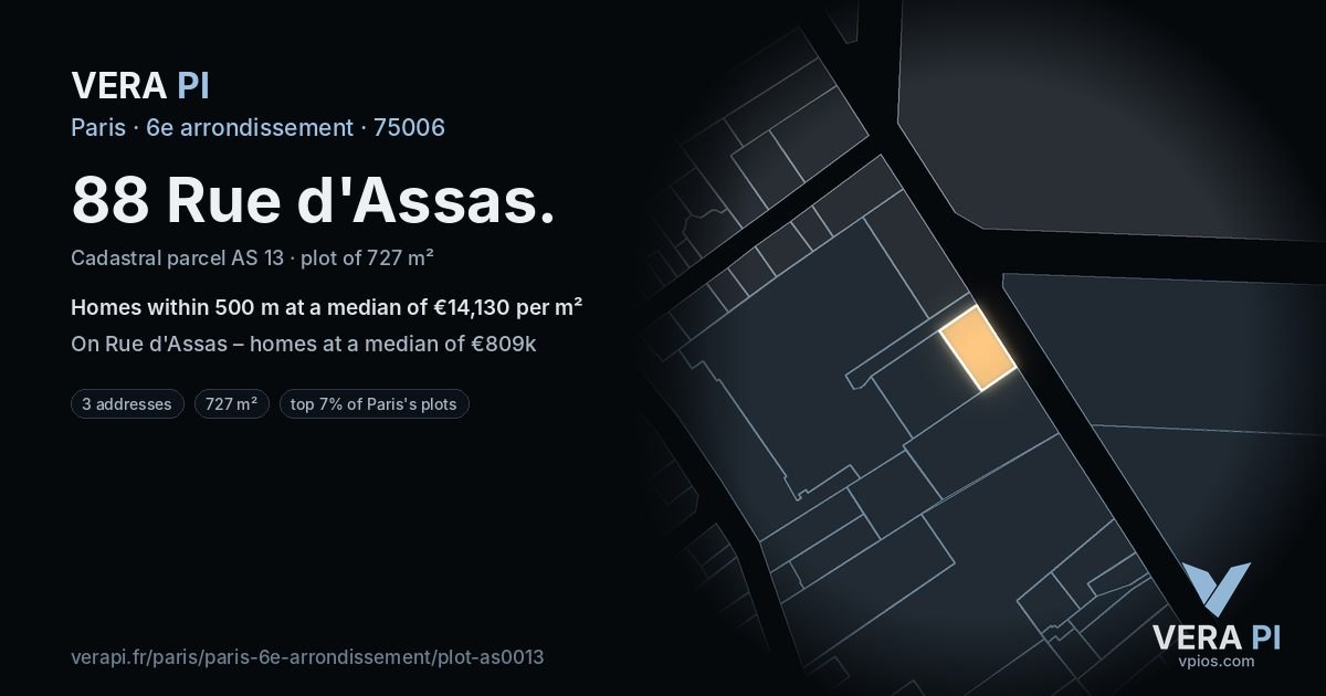88 Rue d'Assas, 6e arrondissement at night – the plot lit, the parcels around coloured by the prices near them