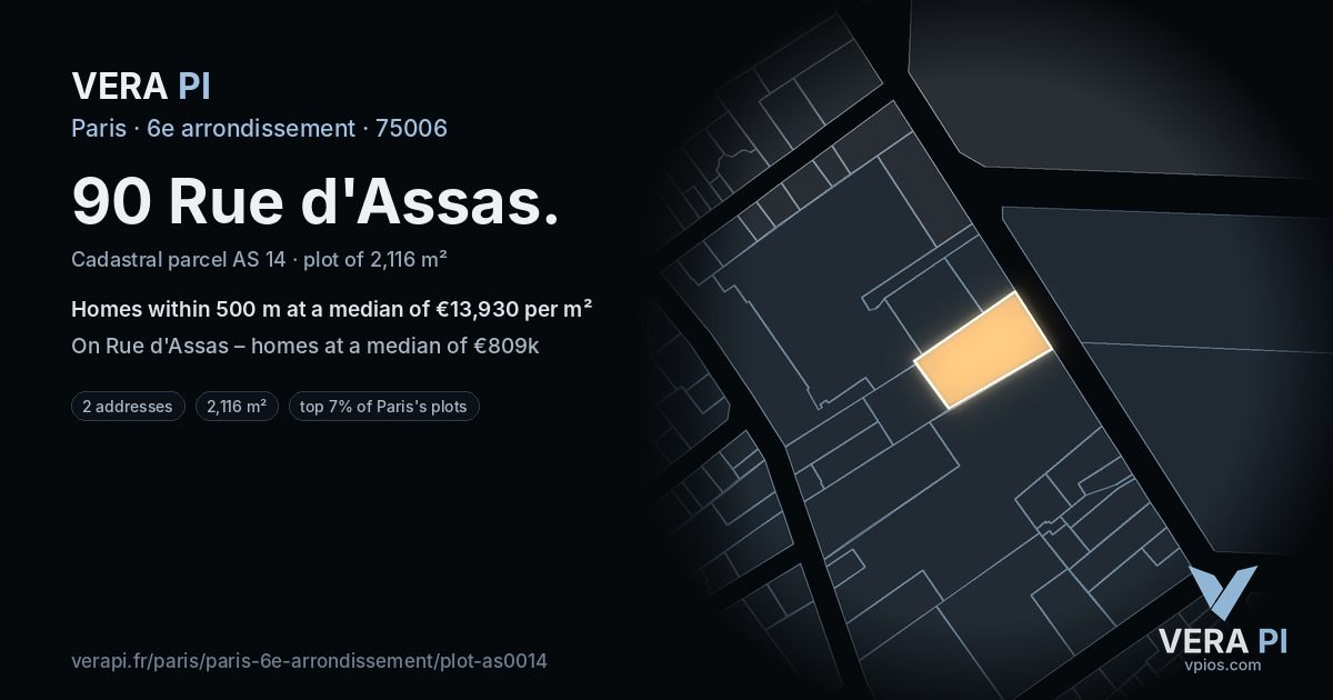 90 Rue d'Assas, 6e arrondissement at night – the plot lit, the parcels around coloured by the prices near them