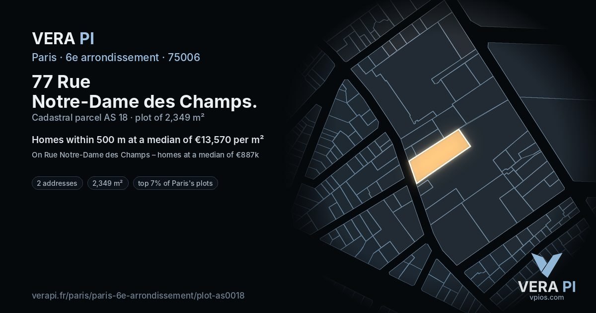 77 Rue Notre-Dame des Champs, 6e arrondissement at night – the plot lit, the parcels around coloured by the prices near them