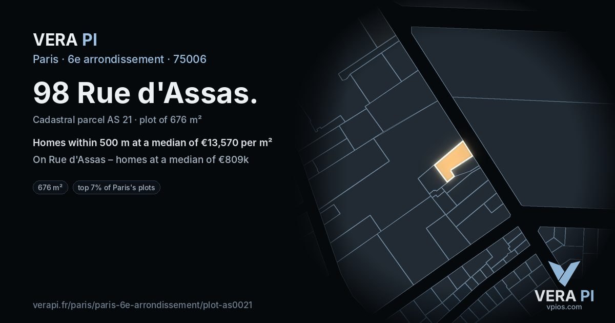 98 Rue d'Assas, 6e arrondissement at night – the plot lit, the parcels around coloured by the prices near them