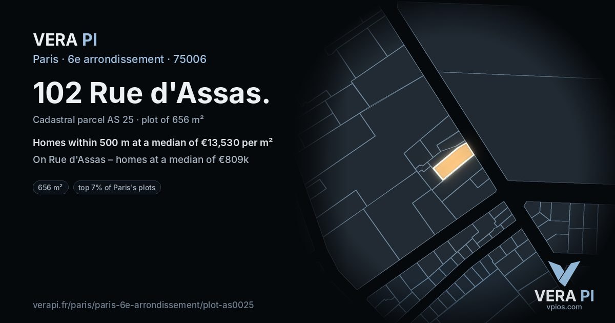 102 Rue d'Assas, 6e arrondissement at night – the plot lit, the parcels around coloured by the prices near them