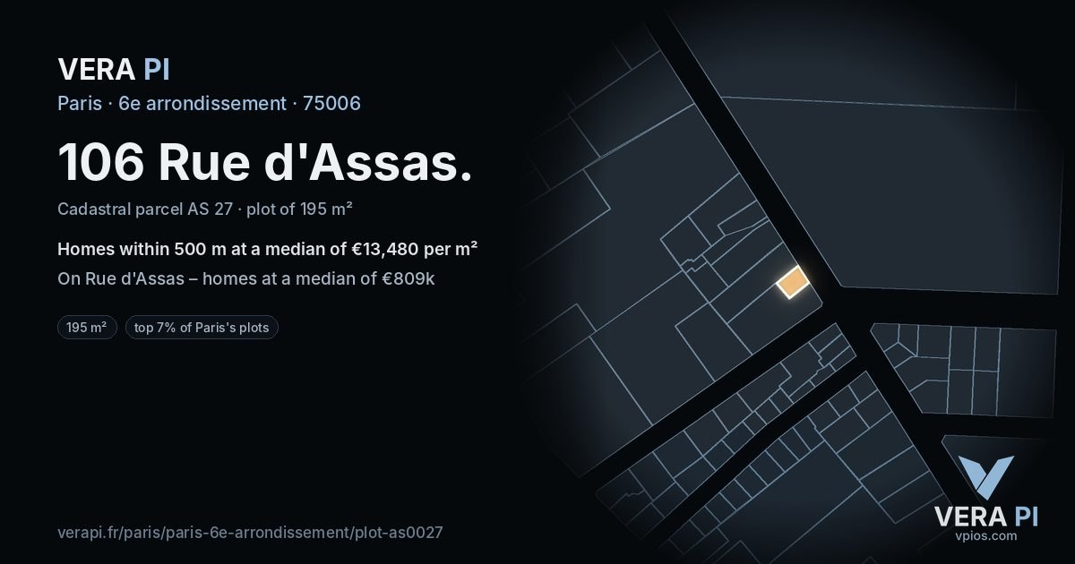 106 Rue d'Assas, 6e arrondissement at night – the plot lit, the parcels around coloured by the prices near them