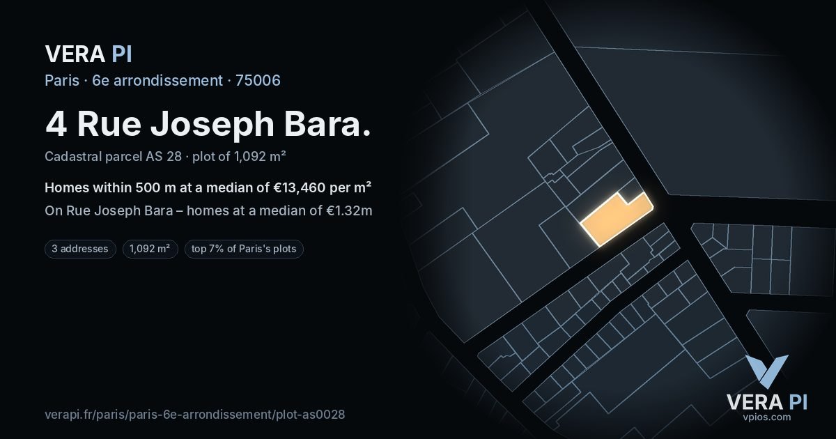 4 Rue Joseph Bara, 6e arrondissement at night – the plot lit, the parcels around coloured by the prices near them