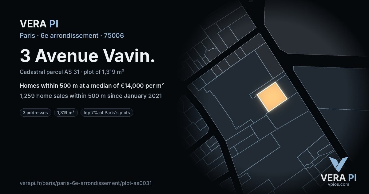 3 Avenue Vavin, 6e arrondissement at night – the plot lit, the parcels around coloured by the prices near them