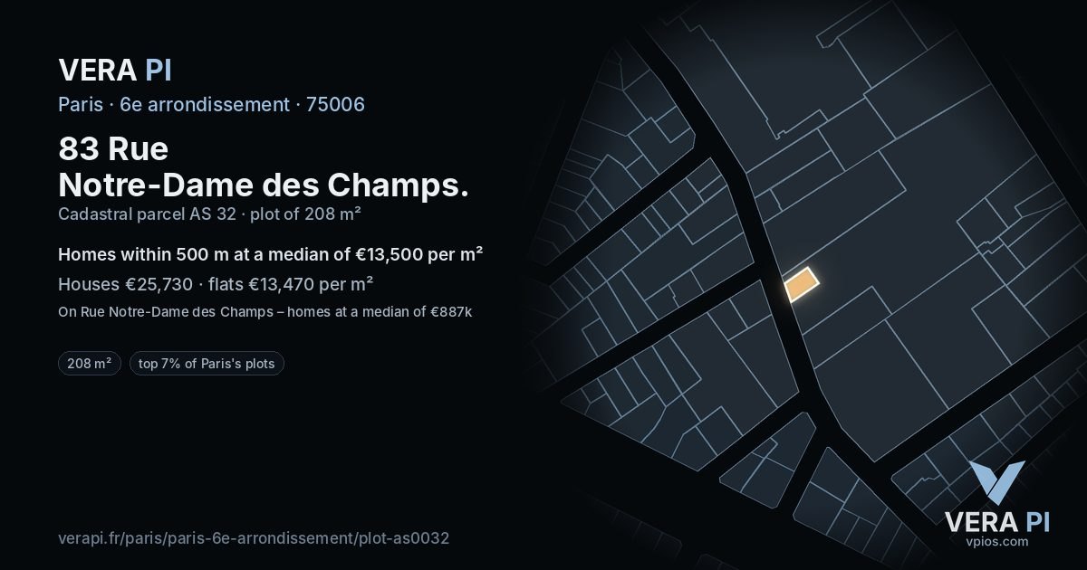 83 Rue Notre-Dame des Champs, 6e arrondissement at night – the plot lit, the parcels around coloured by the prices near them