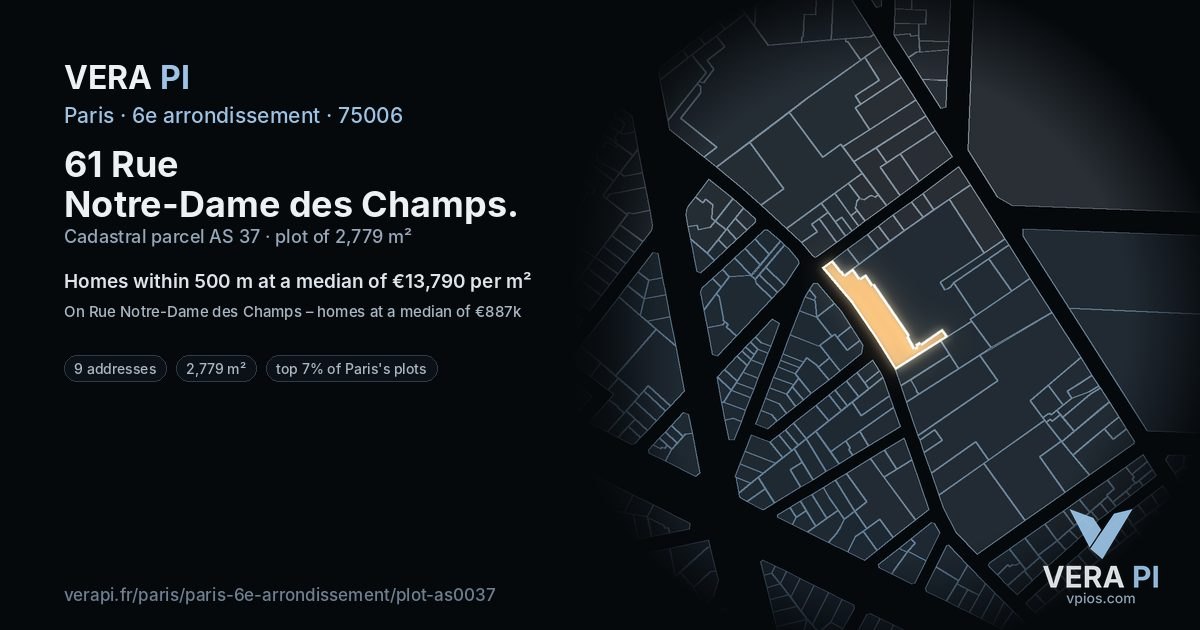 61 Rue Notre-Dame des Champs, 6e arrondissement at night – the plot lit, the parcels around coloured by the prices near them