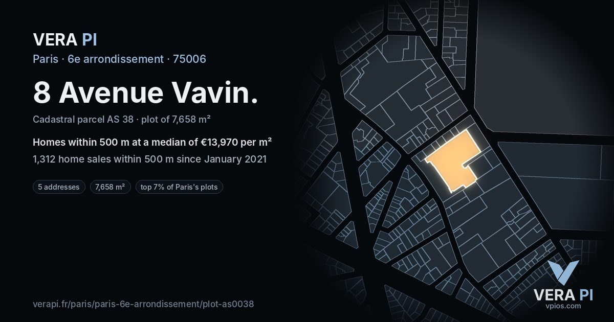 8 Avenue Vavin, 6e arrondissement at night – the plot lit, the parcels around coloured by the prices near them