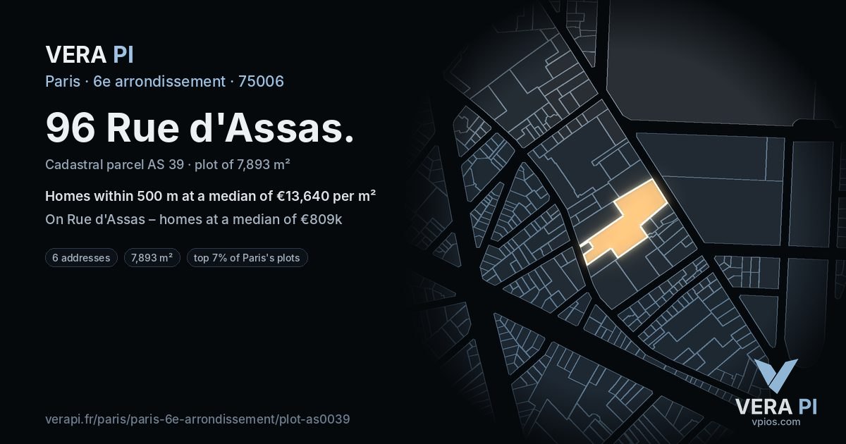 96 Rue d'Assas, 6e arrondissement at night – the plot lit, the parcels around coloured by the prices near them