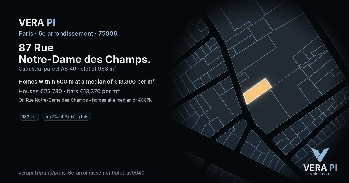 87 Rue Notre-Dame des Champs, 6e arrondissement at night – the plot lit, the parcels around coloured by the prices near them