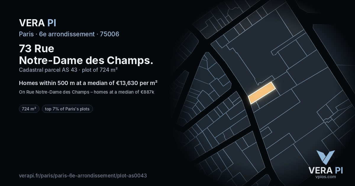 73 Rue Notre-Dame des Champs, 6e arrondissement at night – the plot lit, the parcels around coloured by the prices near them
