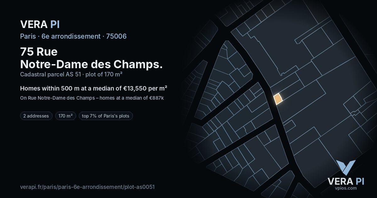 75 Rue Notre-Dame des Champs, 6e arrondissement at night – the plot lit, the parcels around coloured by the prices near them
