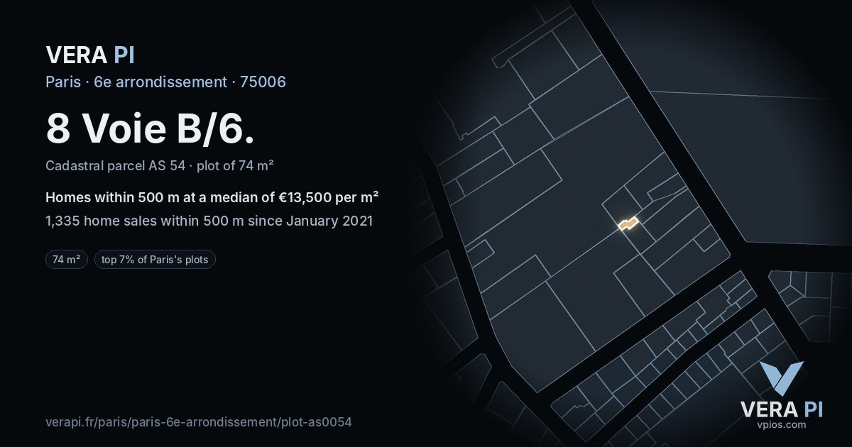 8 Voie B/6, 6e arrondissement at night – the plot lit, the parcels around coloured by the prices near them