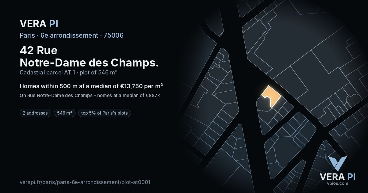 42 Rue Notre-Dame des Champs, 6e arrondissement at night – the plot lit, the parcels around coloured by the prices near them
