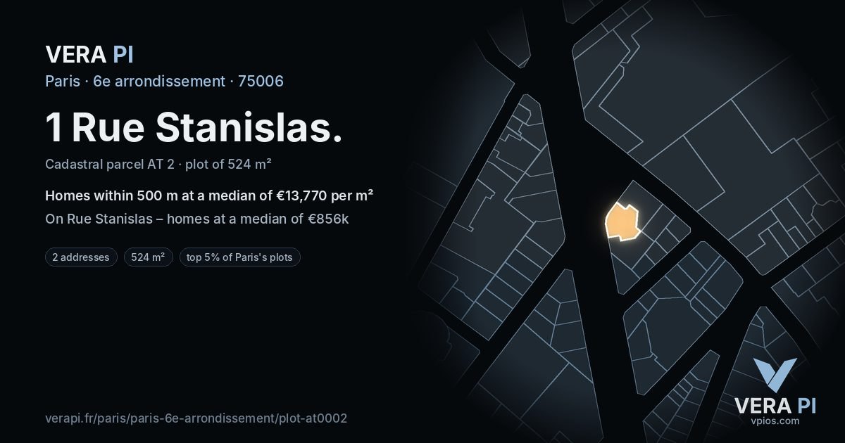 1 Rue Stanislas, 6e arrondissement at night – the plot lit, the parcels around coloured by the prices near them