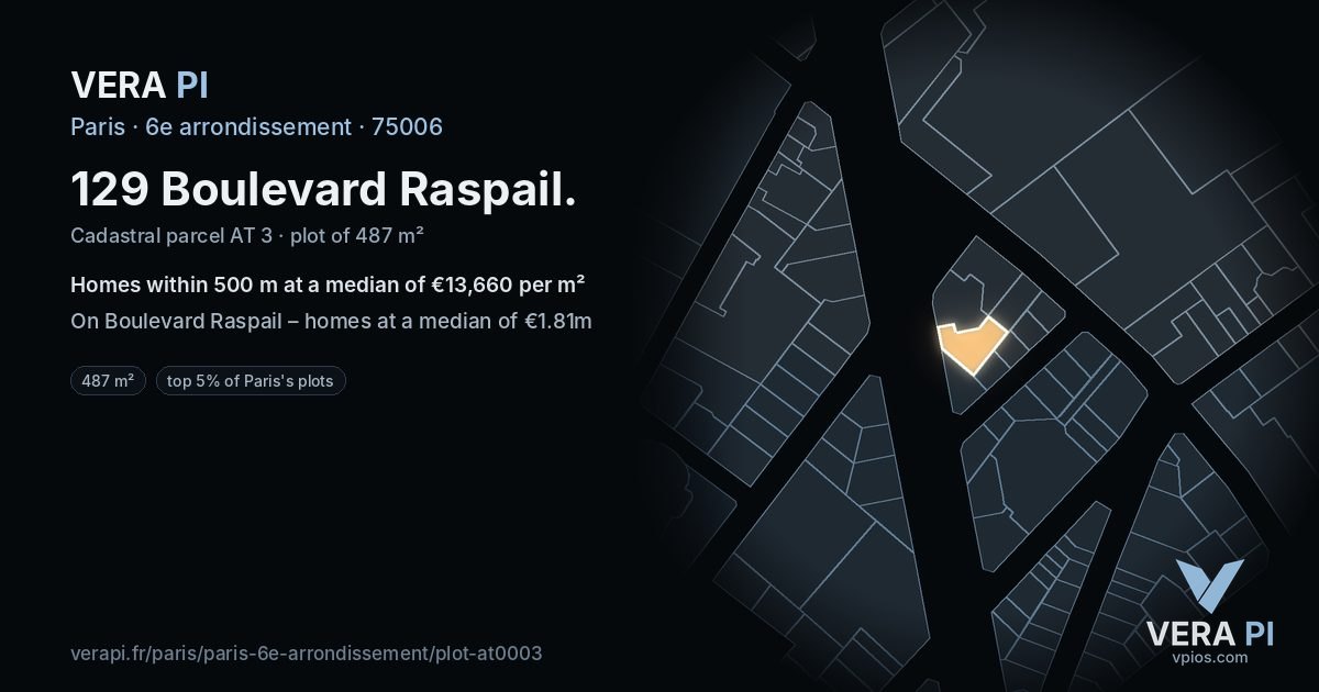 129 Boulevard Raspail, 6e arrondissement at night – the plot lit, the parcels around coloured by the prices near them