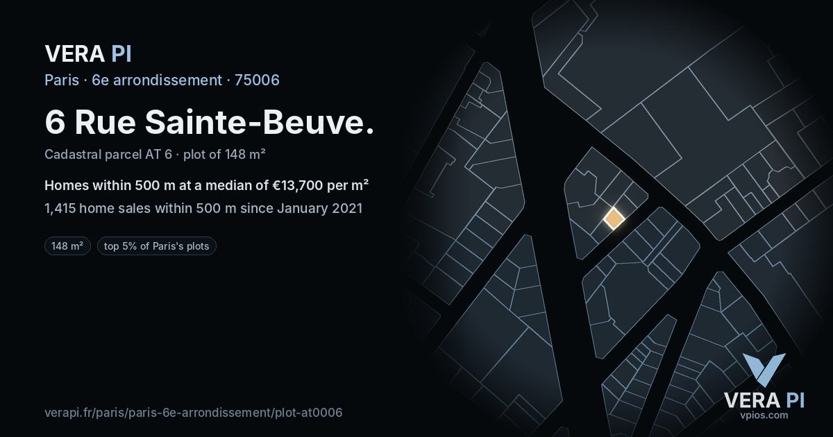 6 Rue Sainte-Beuve, 6e arrondissement at night – the plot lit, the parcels around coloured by the prices near them