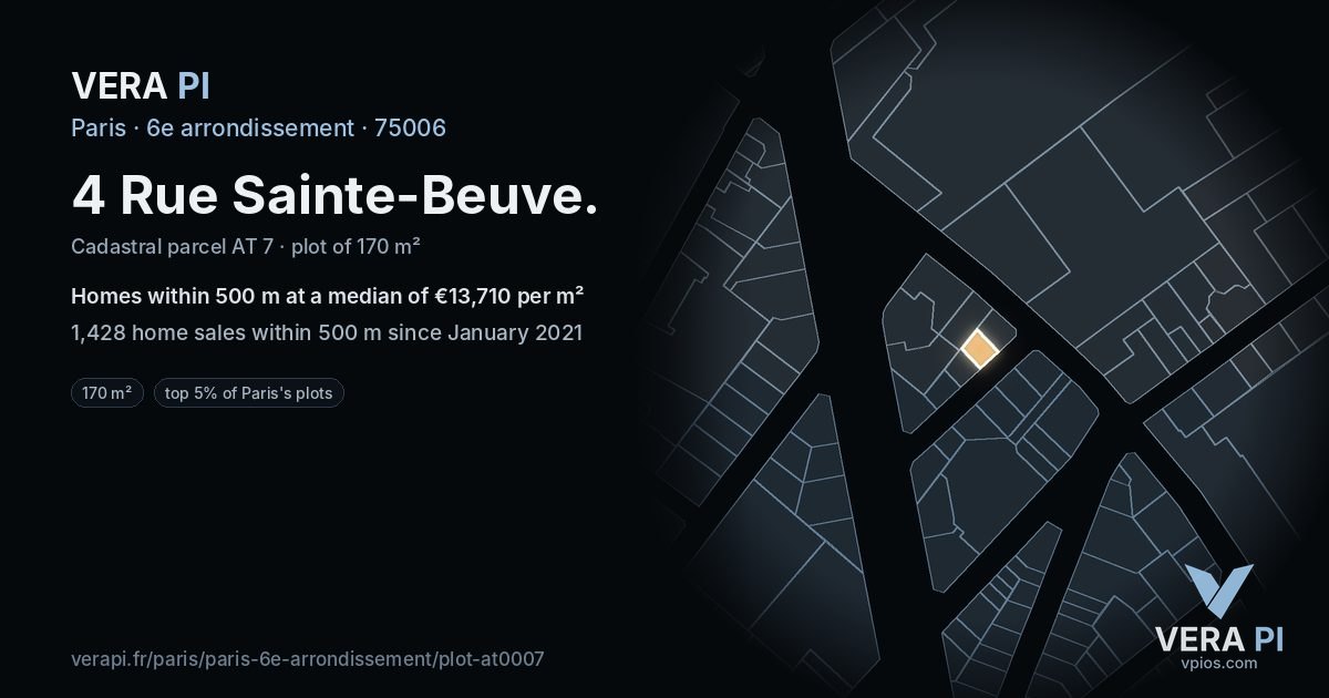 4 Rue Sainte-Beuve, 6e arrondissement at night – the plot lit, the parcels around coloured by the prices near them