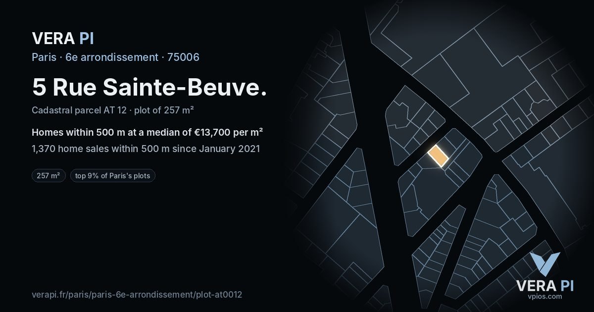 5 Rue Sainte-Beuve, 6e arrondissement at night – the plot lit, the parcels around coloured by the prices near them