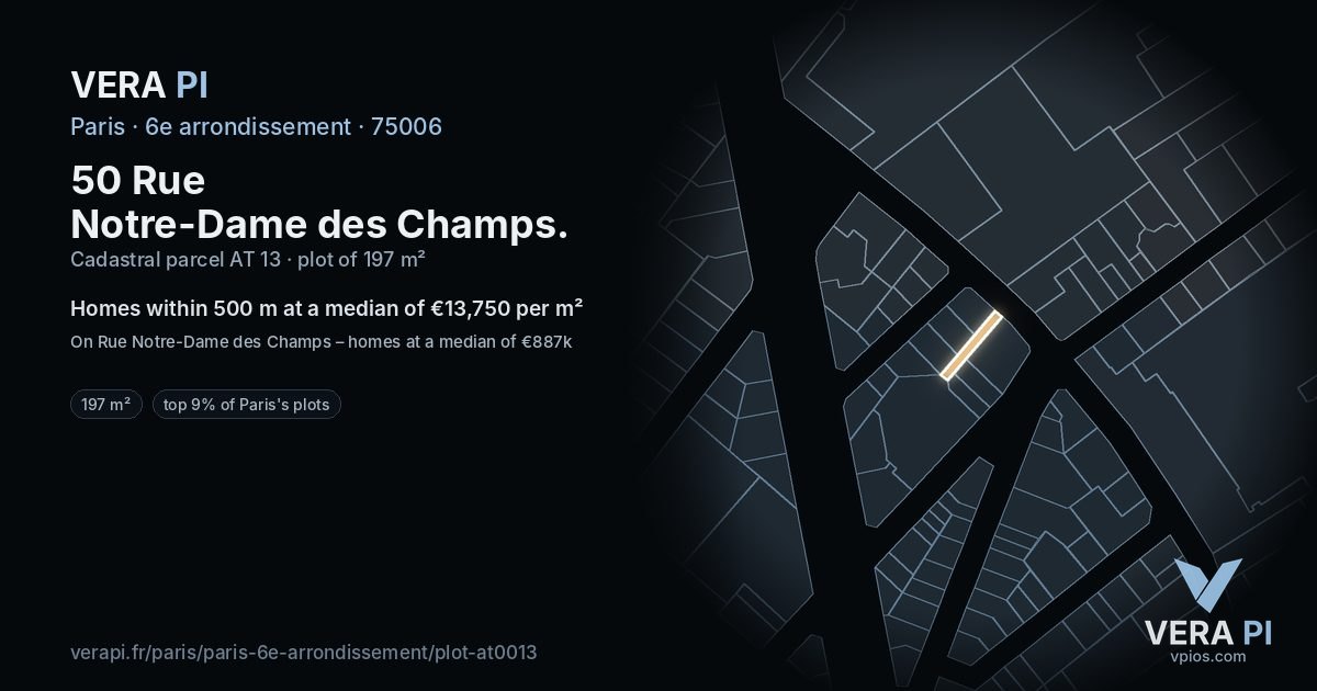 50 Rue Notre-Dame des Champs, 6e arrondissement at night – the plot lit, the parcels around coloured by the prices near them
