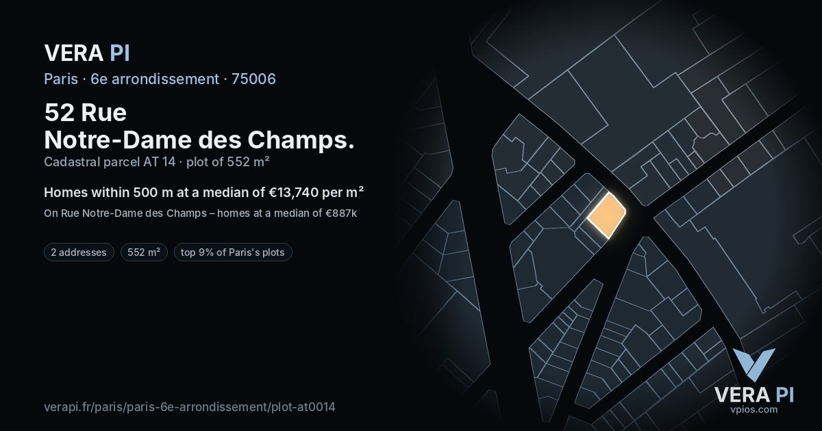 52 Rue Notre-Dame des Champs, 6e arrondissement at night – the plot lit, the parcels around coloured by the prices near them