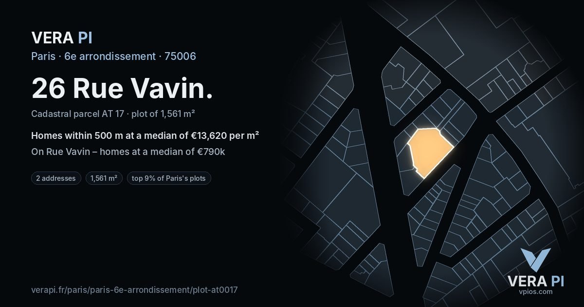 26 Rue Vavin, 6e arrondissement at night – the plot lit, the parcels around coloured by the prices near them