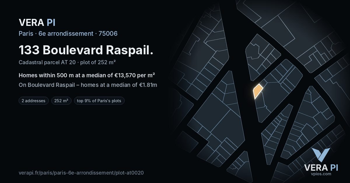 133 Boulevard Raspail, 6e arrondissement at night – the plot lit, the parcels around coloured by the prices near them