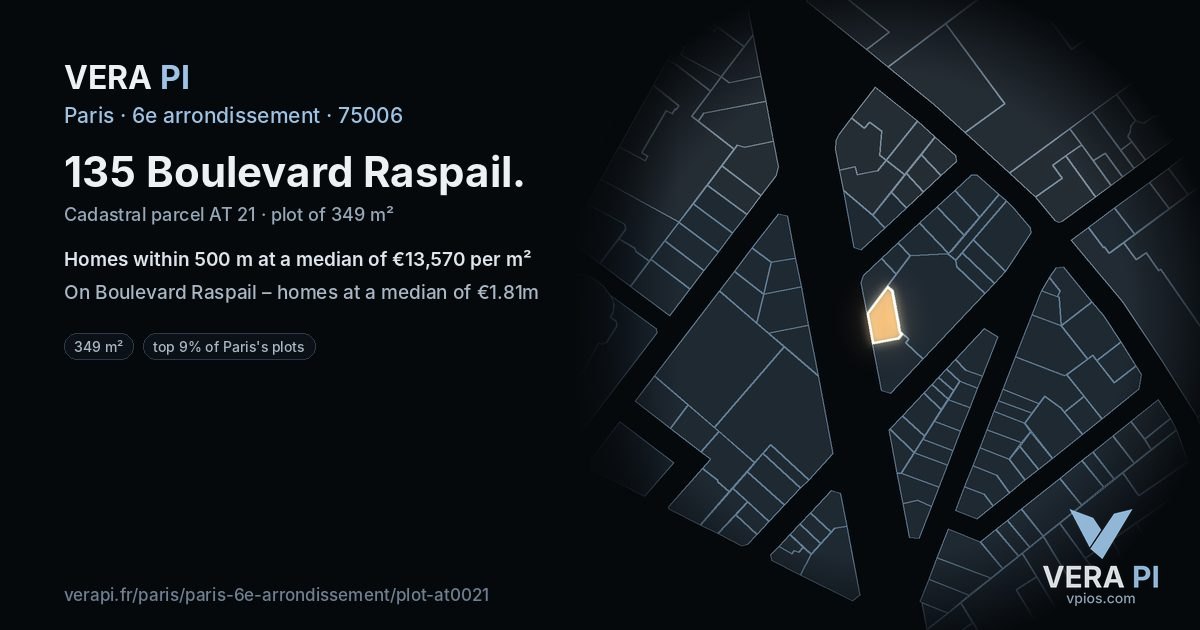 135 Boulevard Raspail, 6e arrondissement at night – the plot lit, the parcels around coloured by the prices near them