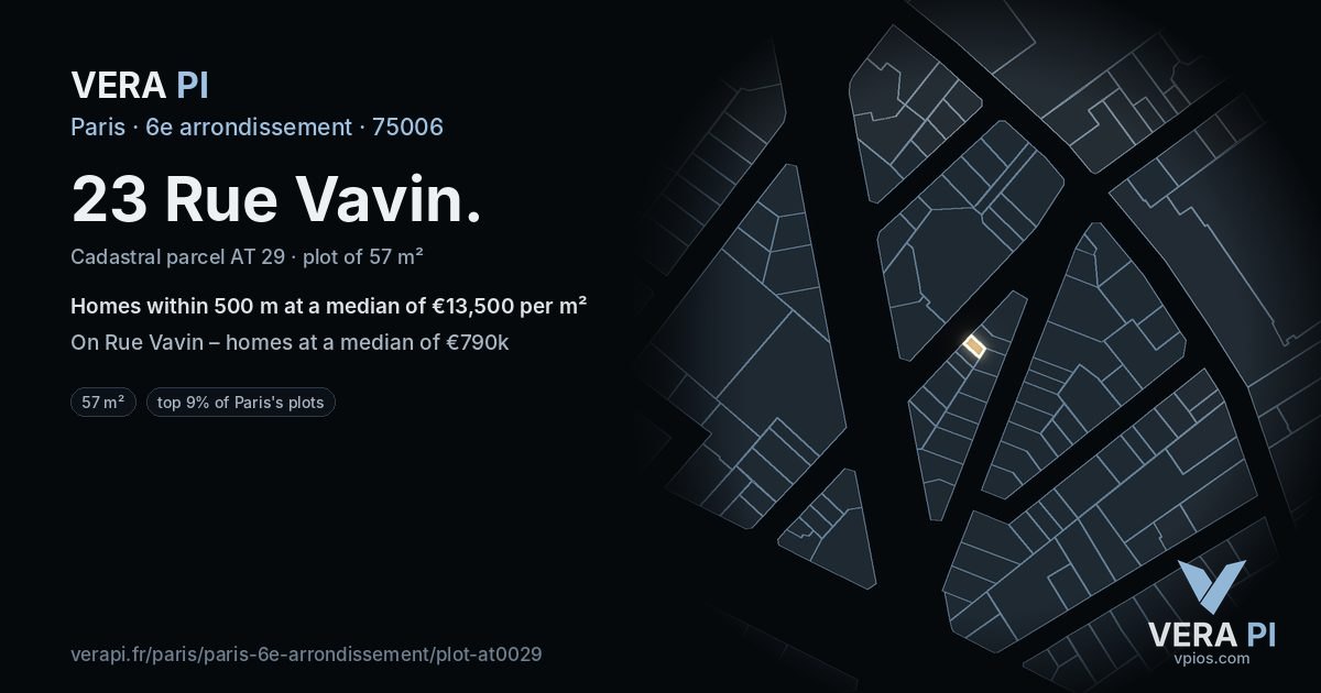 23 Rue Vavin, 6e arrondissement at night – the plot lit, the parcels around coloured by the prices near them