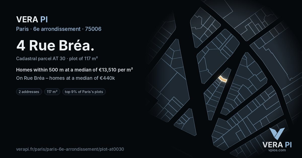 4 Rue Bréa, 6e arrondissement at night – the plot lit, the parcels around coloured by the prices near them