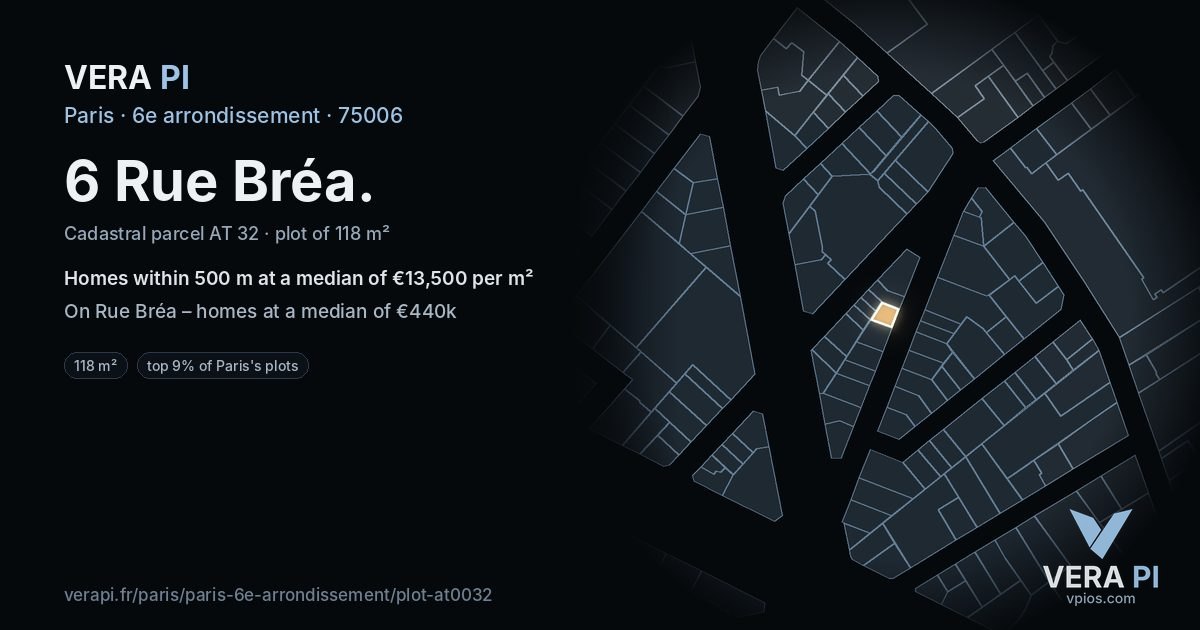 6 Rue Bréa, 6e arrondissement at night – the plot lit, the parcels around coloured by the prices near them